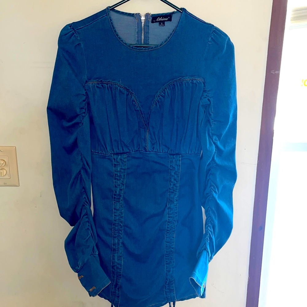 Jean zip up dress with front ruffle ties
